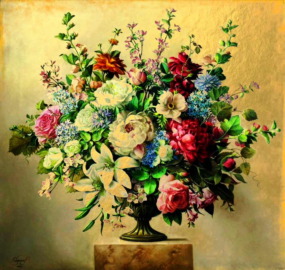 Картина  на сусальном золоте с изображением  натюрморта с садовыми цветами